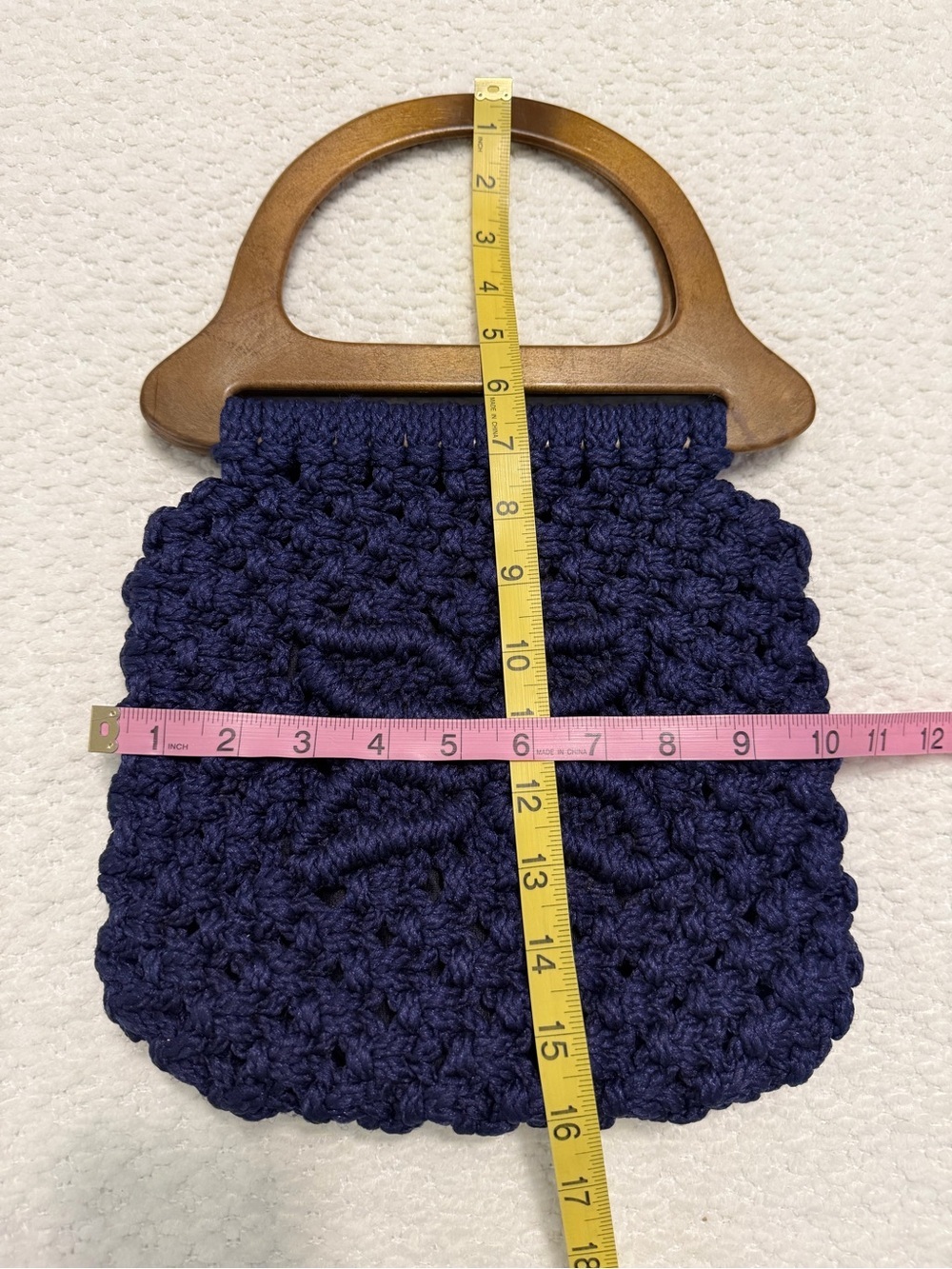 Vintage Handmade Macrame Handbag Brown Wood Handles Blue Purse - Picture 4 of 10